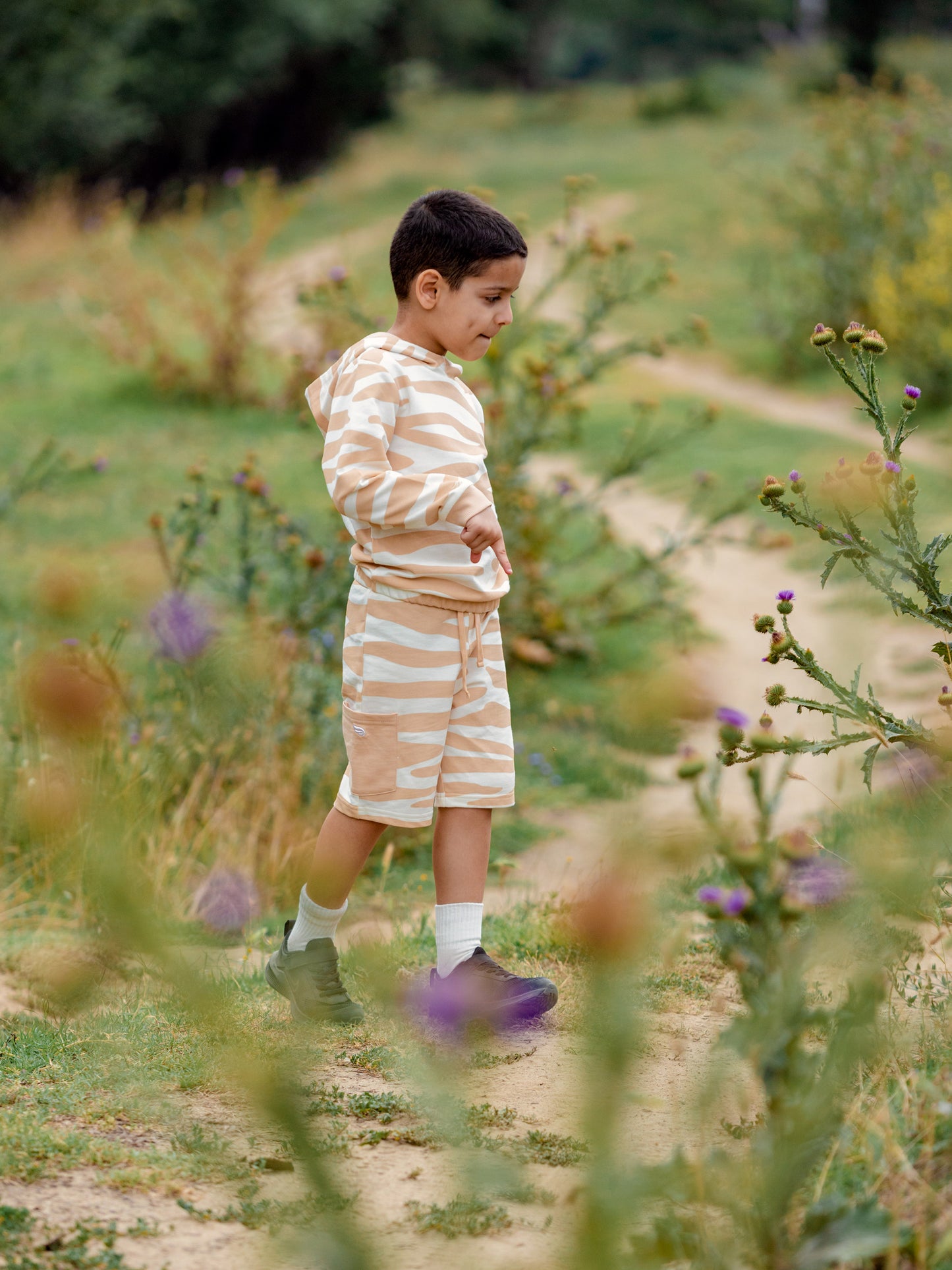 Cargo Pocket Shorts with Drawstring Waistband in (Neutral Zebra) Pattern - Ecru