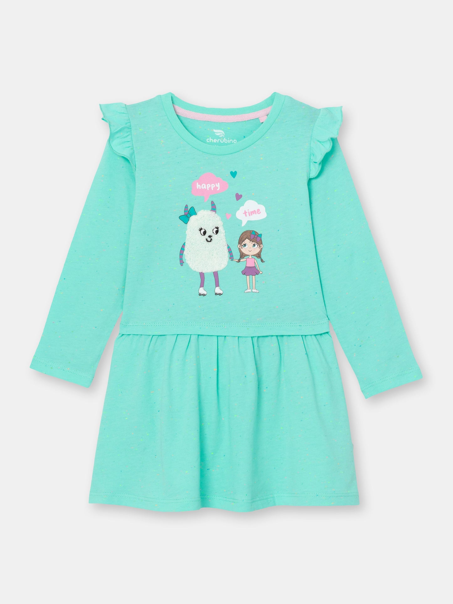 Long Sleeve Dress with Monster Friends Graphic - Atlantis