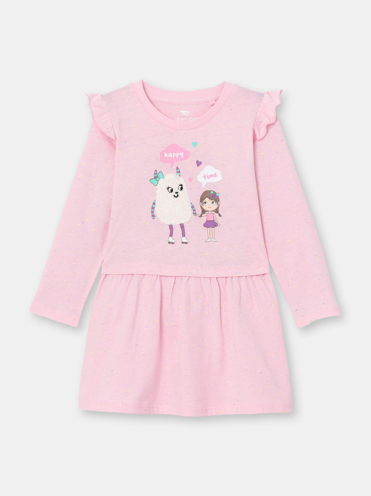 Long Sleeve Dress with Monster Friends Graphic - Pink