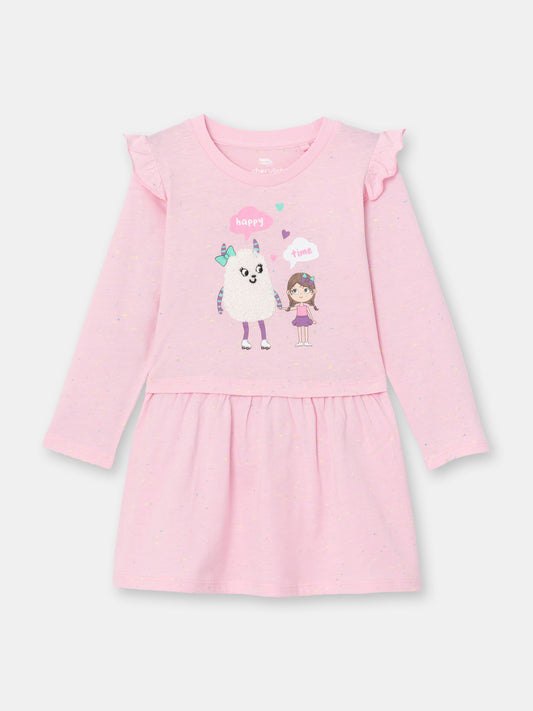 Long Sleeve Dress with Monster Friends Graphic - Pink