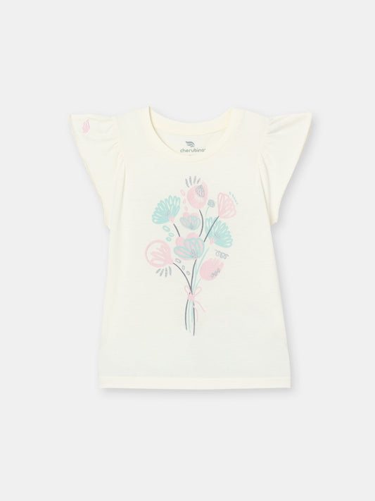 Cherubino Girls' Flutter Sleeve Floral Bouquet Tee in Ecru