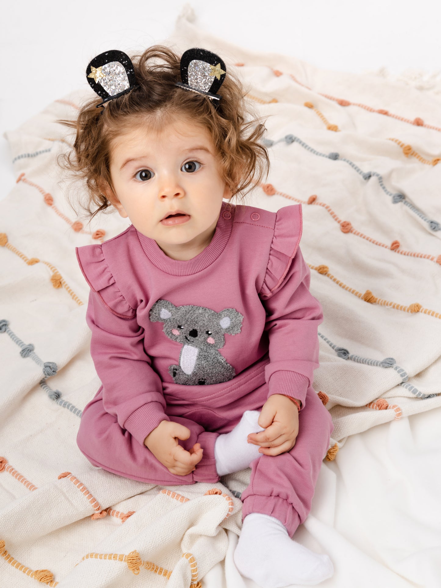 Two Piece Chenille (Koala) Embroidery Flutter Sweatshirt & Jogger Set - Raspberry