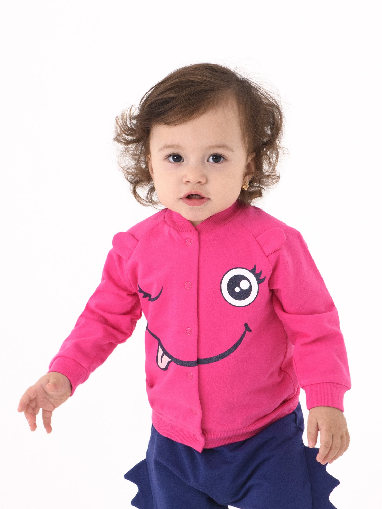 Bomber Jacket with Monster Face Graphic - Raspberry
