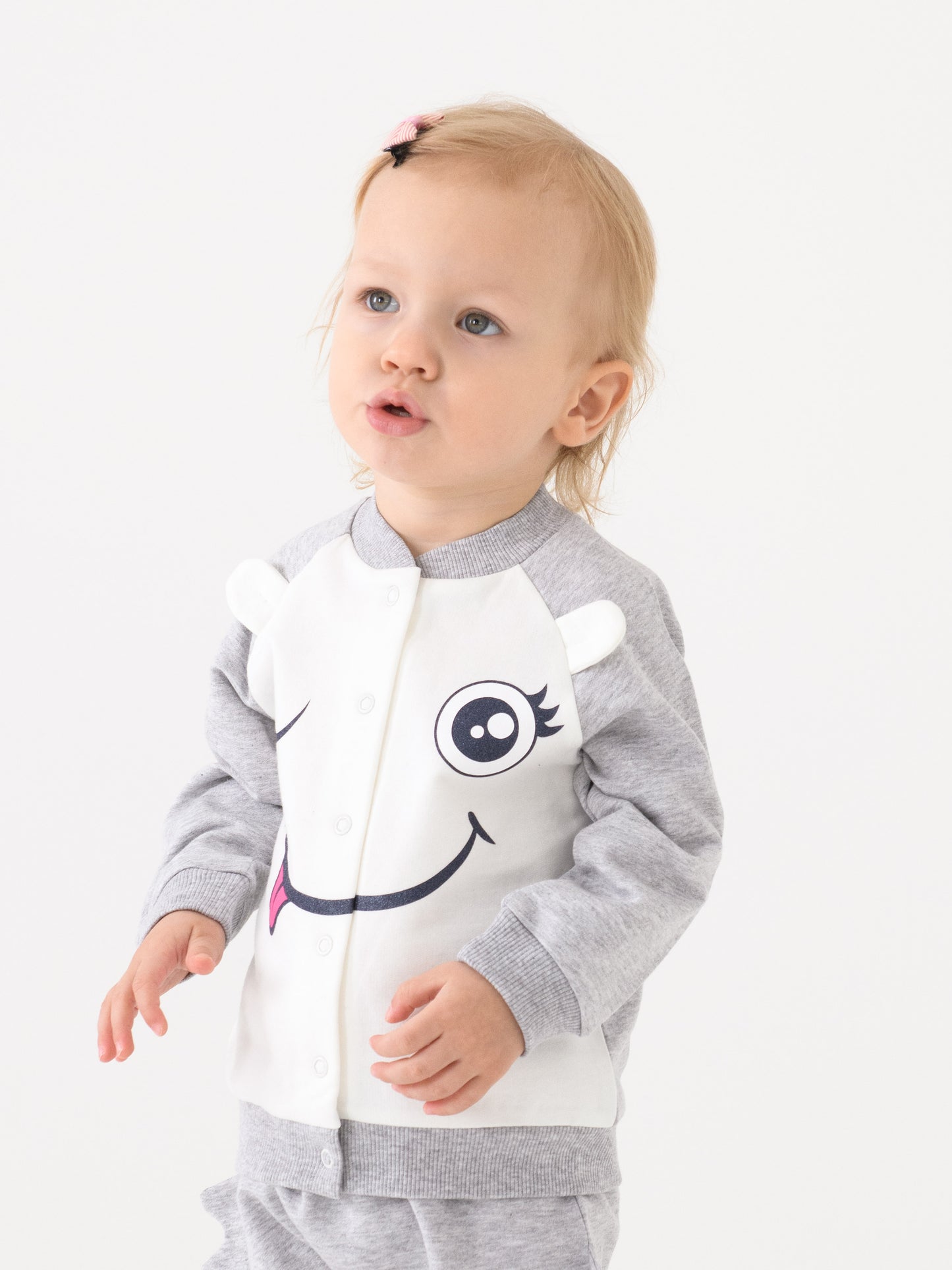 Bomber Jacket with Monster Face Graphic - White