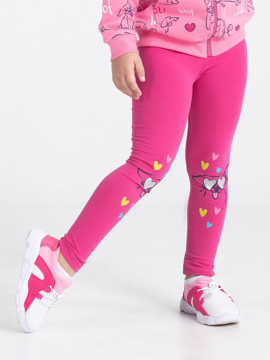 Girls Raspberry Leggings with Puppy in Love Print