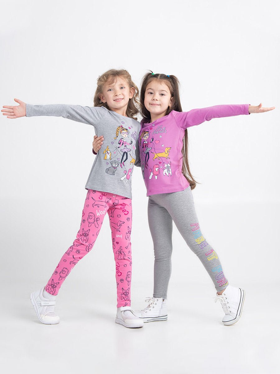 Girls Raspberry Winter Leggings with Cute Puppies Print